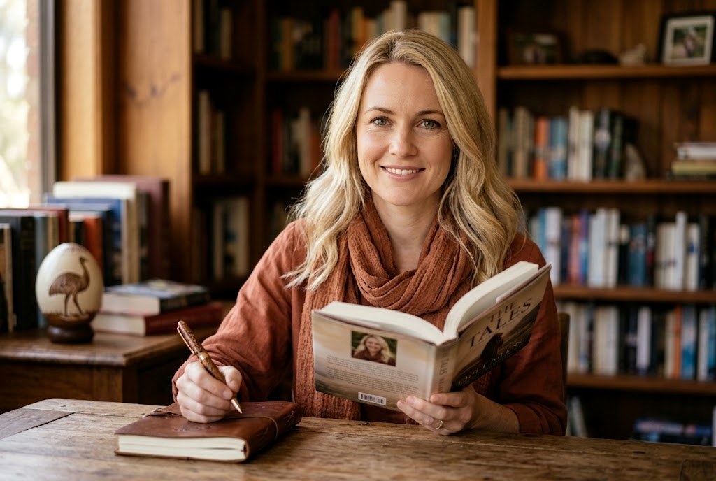 Author holding her published book at a writing desk